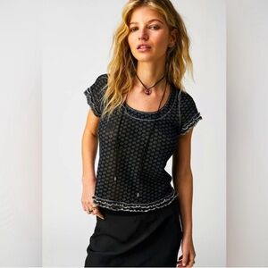 Free People Sheer Mesh Garner Floral Baby Tee Size Large Black